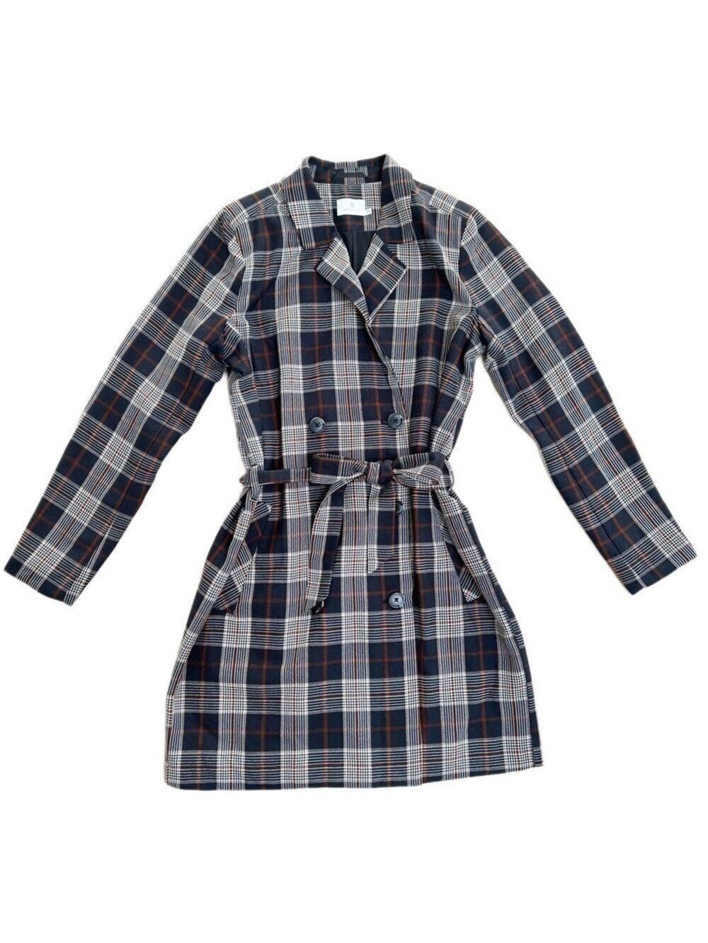 Kaffe Plaid Lightweight Navy, Brown, Cream Fall Jacket - Size 34EU (XS)
